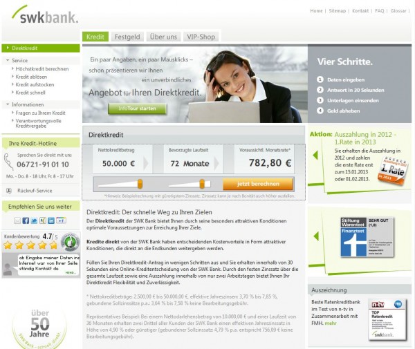 SWK Direktkredit: Der als Onlinekredit konzipierte Ratenkredit der Süd-West-Kreditbank wird bis maximal 50.000 EUR angeboten (Screenshot www.swkbank.de/de/37/Direktkredit am 21.11.2012)