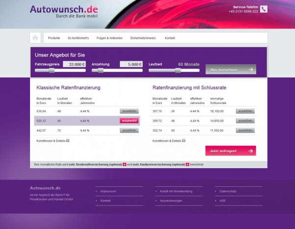 Beispielkalkulation für einen Autokredit bei Autowunsch.de am 20.03.2015 (Screenshot)