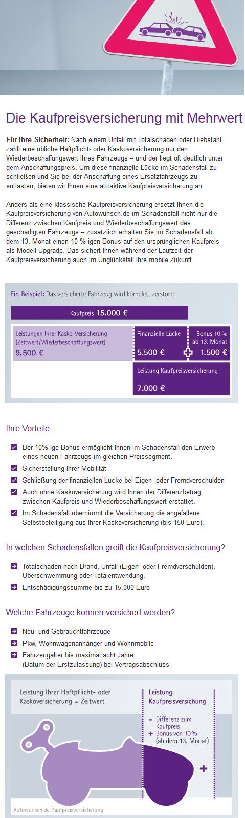 Die Kaufpreisversicherung für Autofinanzierungen bei Autowunsch.de (Screenshot www.autowunsch.de/produkte/kaufpreisversicherung/ am 20.03.2015)