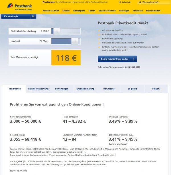 Die Postbank offeriert ihren Privatkredit direkt auf der Homepage mit bonitätsabhängigen Zinsen (Screenshot https://www.postbank.de/privatkunden/privatkredit_direkt.html am 12.09.2016)