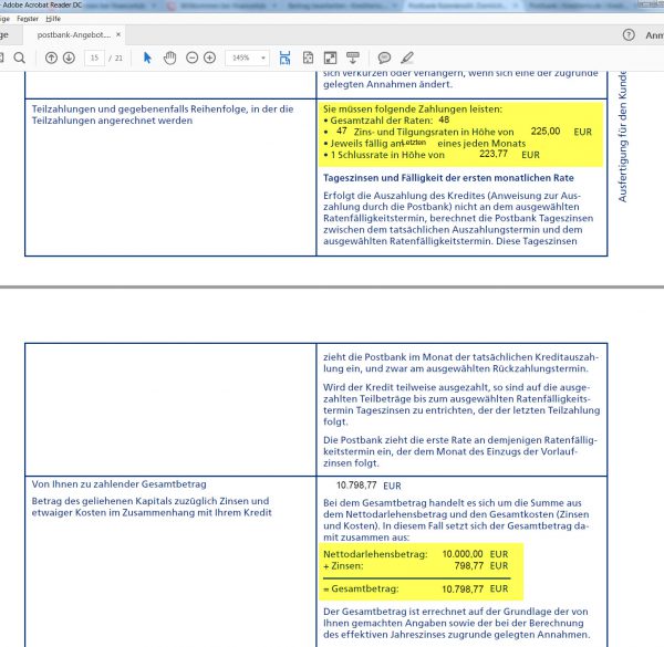 Die harten Zahlen: Was kostet der Kredit insgesamt an Zinsen? Welche Raten sind zu leisten? (Screenshot Antrags-PDF, 08.09.2016)