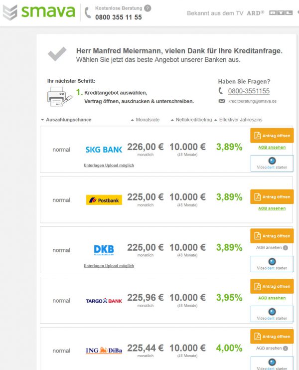 Überraschend: in unserem Kreditvergleich bei Smava glänzte die Postbank mit dem günstigsten Zins in der Betrachtung: 3,89% effektiver Jahreszins (Screenshot 08.09.2016)